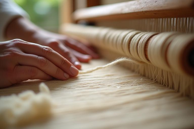 Close-up of hands meticulously weaving natural fibers on a traditional loom, showcasing artisanal textile creation.